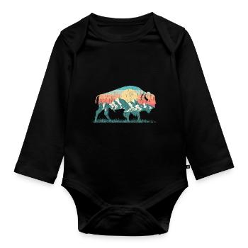 Nature buffalo bison rétro montagne des années 70 des années 80 silhouette - Body Bébé bio manches longues - noir - Devant