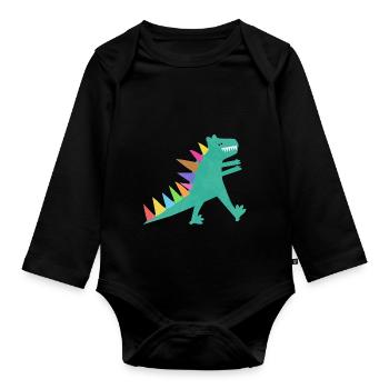 Cute Green T Rex Dinosaur - Organic Longsleeve Baby Bodysuit - black - Front