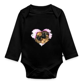 deux petits chiots mignons dans un cœur - Body Bébé bio manches longues - noir - Devant