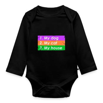 1.mein Hund 2.meine Katze 3.mein Haus - Baby Bio-Langarm-Body - Schwarz - Vorne