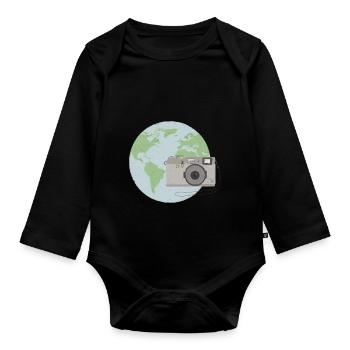 Weltkugel mit Kamera - Baby Bio-Langarm-Body - Schwarz - Vorne