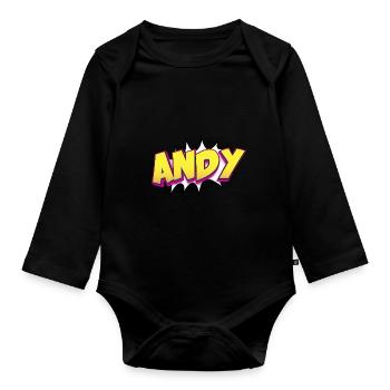 Andy Custom Name Comic Book Style Pop Art, Andy - Organic Longsleeve Baby Bodysuit - black - Front