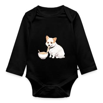 Corgi Eating Ramen #1 - Organic Longsleeve Baby Bodysuit - black - Front