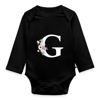Lettre g floral violet - Body Bébé bio manches longues - noir - Devant