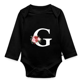 Roter Blumenbuchstabe G - Baby Bio-Langarm-Body - Schwarz - Vorne