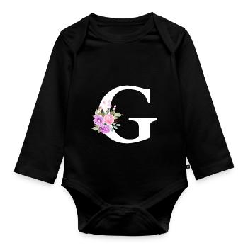 Lettre g floral violet - Body Bébé bio manches longues - noir - Devant