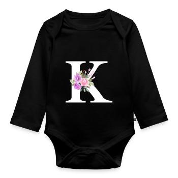 Purple Floral K Letter - Organic Longsleeve Baby Bodysuit - black - Front