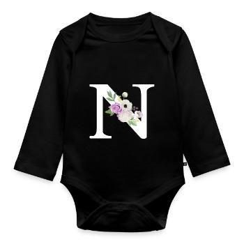Purple floral letter n - Organic Longsleeve Baby Bodysuit - black - Front
