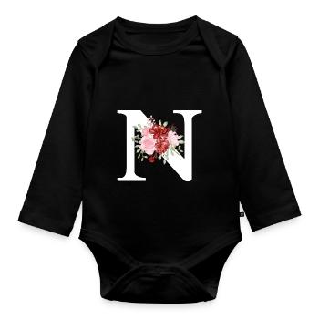 Red Floral Letter N - Organic Longsleeve Baby Bodysuit - black - Front