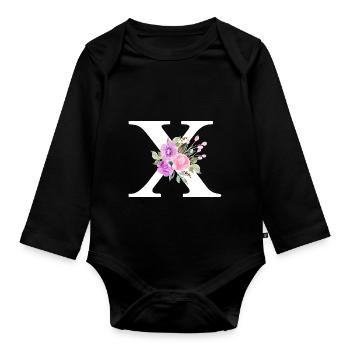 Lila floral x Buchstabe - Baby Bio-Langarm-Body - Schwarz - Vorne