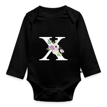 Lila floral x Buchstabe - Baby Bio-Langarm-Body - Schwarz - Vorne