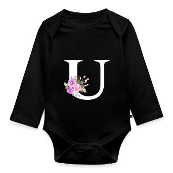 Lila Blumenbuchstabe u - Baby Bio-Langarm-Body - Schwarz - Vorne