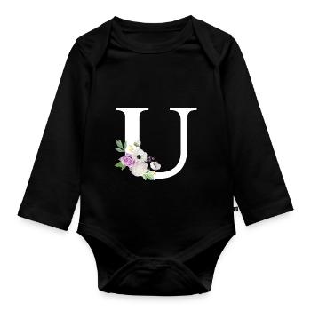 Lila Blumenbuchstabe u - Baby Bio-Langarm-Body - Schwarz - Vorne