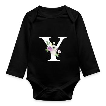 Lettre y floral violet - Body Bébé bio manches longues - noir - Devant