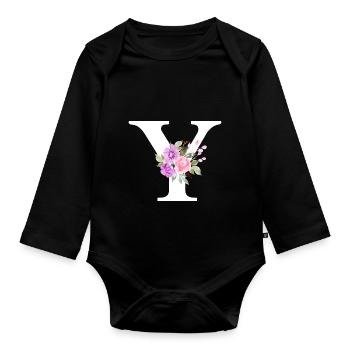 Lila Blumenbuchstabe y - Baby Bio-Langarm-Body - Schwarz - Vorne