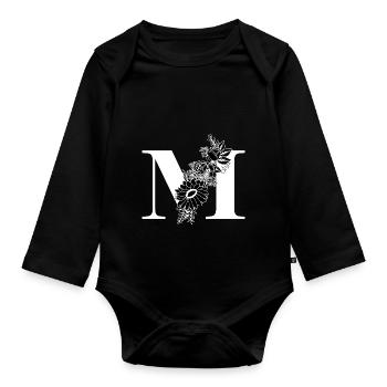 Lettre m floral noir et blanc - Body Bébé bio manches longues - noir - Devant