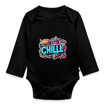 Chill Aufkleber - Baby Bio-Langarm-Body - Schwarz - Vorne