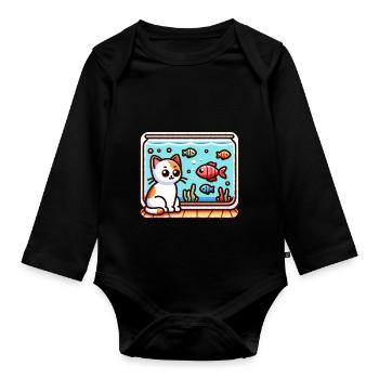 Cute Kitty looking at Fish in Aquarium - Organic Longsleeve Baby Bodysuit - black - Front