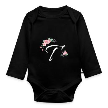 Lettre t fleurs - Body Bébé bio manches longues - noir - Devant