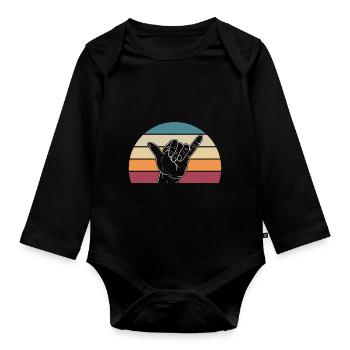 Retro Surfer Hand Shaka Sign Beach Greeting - Organic Longsleeve Baby Bodysuit - black - Front
