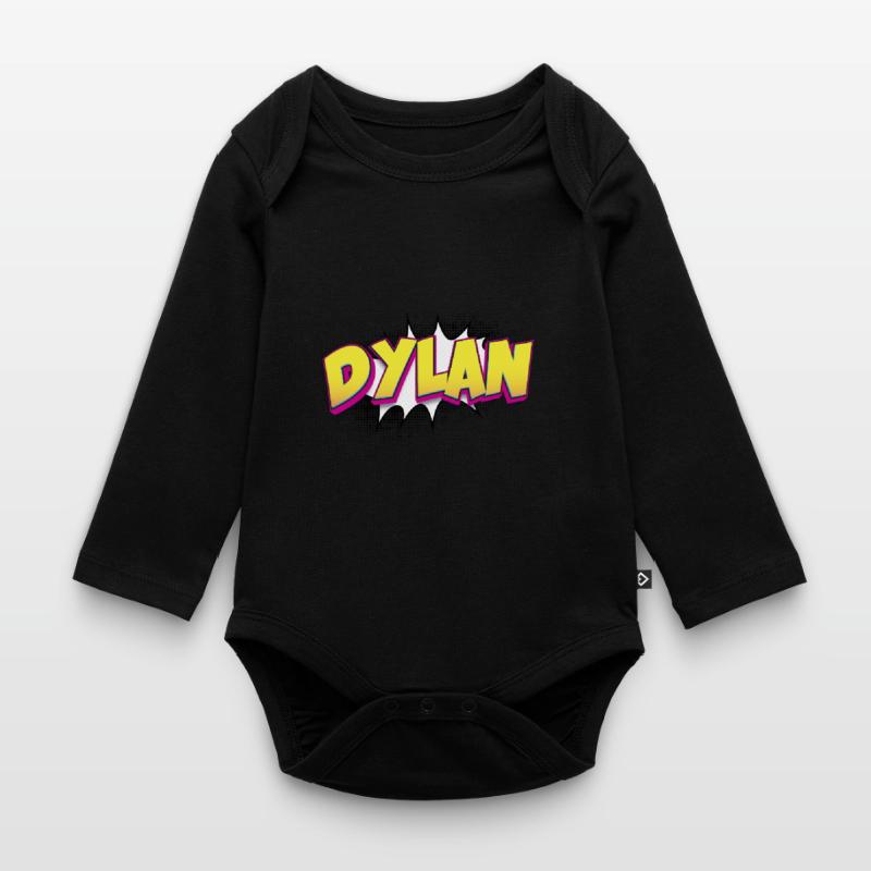 Dylan Custom Name Comic Book Style Pop Art, Dylan Organic Longsleeve Baby Bodysuit