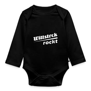 Wittstock rockt - Textdesign mit Stadtnamen - Baby Bio-Langarm-Body - Schwarz - Vorne
