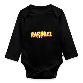 Raphaël Nom personnalisé Style bande dessinée Pop Art, - Body Bébé bio manches longues - noir - Devant