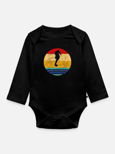 Retro Seepferd - Baby Bio-Langarm-Body - Schwarz