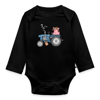 Chubby pig on tractor - Organic Longsleeve Baby Bodysuit - black - Front