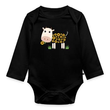 Kuh mit Sonnenblumen statt Fell - Baby Bio-Langarm-Body - Schwarz - Vorne