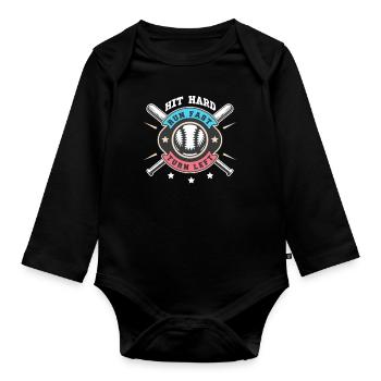 Hit Hard Run Fast Turn Left Baseball - Organic Longsleeve Baby Bodysuit - black - Front