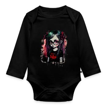 Little girl with glasses in Gothic style - Organic Longsleeve Baby Bodysuit - black - Front