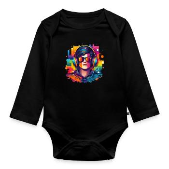 Homme portant un casque et des lunettes de soleil - Body Bébé bio manches longues - noir - Devant