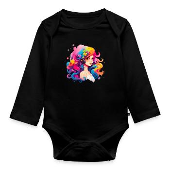 Girl with bright colorful hair - Organic Longsleeve Baby Bodysuit - black - Front