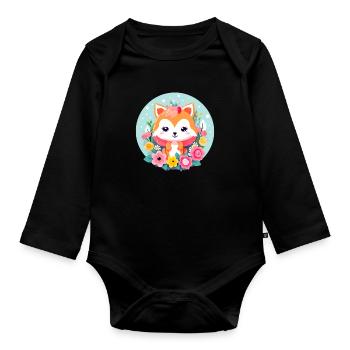 Kawaii fox girl avec des fleurs - Body Bébé bio manches longues - noir - Devant