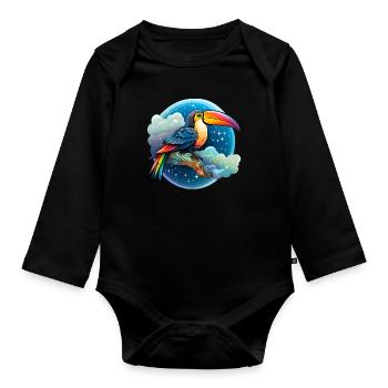 Dream toucan with clouds and stars - Organic Longsleeve Baby Bodysuit - black - Front