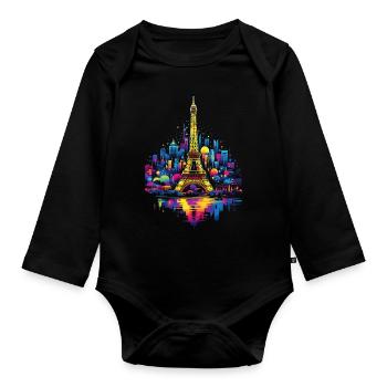 Paris, Eiffel Tower, France, City, Skyline, Night - Organic Longsleeve Baby Bodysuit - black - Front