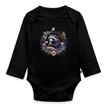 Kleiner Waschbär, Mond, Blumen, Sterne, Tiere, - Baby Bio-Langarm-Body - Schwarz - Vorne