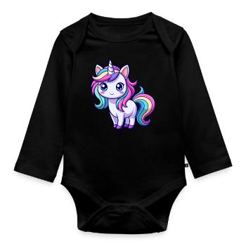 Licorne arc-en-ciel mignonne - Body Bébé bio manches longues - noir - Devant