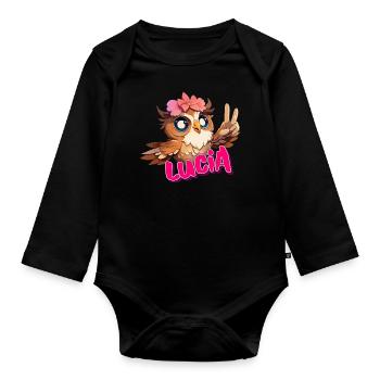 LUCIA - Beautiful Girl Name with Cute OWL - Organic Longsleeve Baby Bodysuit - black - Front