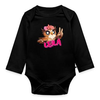 LEILA - Beau nom de fille avec un hibou mignon - Body Bébé bio manches longues - noir - Devant