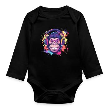 Singe Avec Casque Décoration Femme Cadeau Homme - Body Bébé bio manches longues - noir - Devant