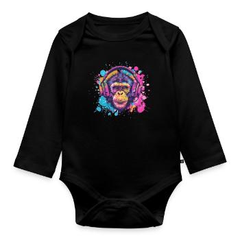 Singe Avec Casque Décoration Femme Cadeau Homme - Body Bébé bio manches longues - noir - Devant