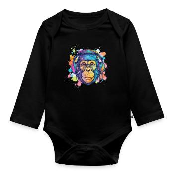 Affe Mit Kopfhörer Damen Deko Herren Geschenk - Baby Bio-Langarm-Body - Schwarz - Vorne