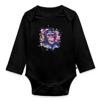 Affe Mit Kopfhörer Damen Deko Herren Geschenk - Baby Bio-Langarm-Body - Schwarz - Vorne