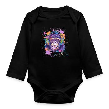 Singe Avec Casque Décoration Femme Cadeau Homme - Body Bébé bio manches longues - noir - Devant