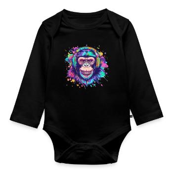 Affe Mit Kopfhörer Damen Deko Herren Geschenk - Baby Bio-Langarm-Body - Schwarz - Vorne