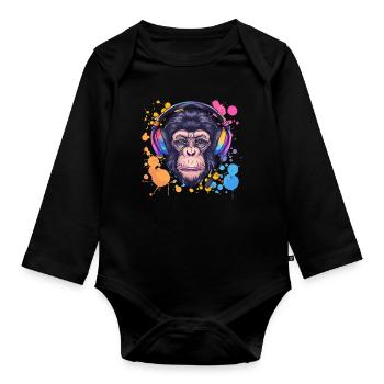 Singe Avec Casque Décoration Femme Cadeau Homme - Body Bébé bio manches longues - noir - Devant