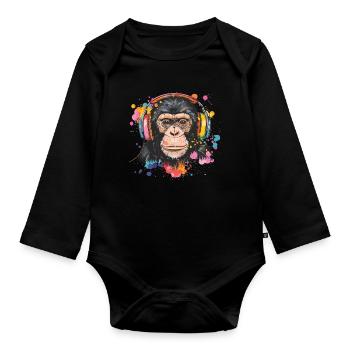 Singe Avec Casque Décoration Femme Cadeau Homme - Body Bébé bio manches longues - noir - Devant