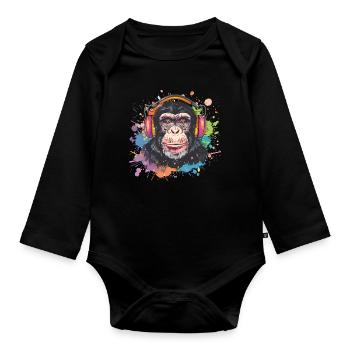 Singe avec casque Décoration femme Cadeau pour homme - Body Bébé bio manches longues - noir - Devant